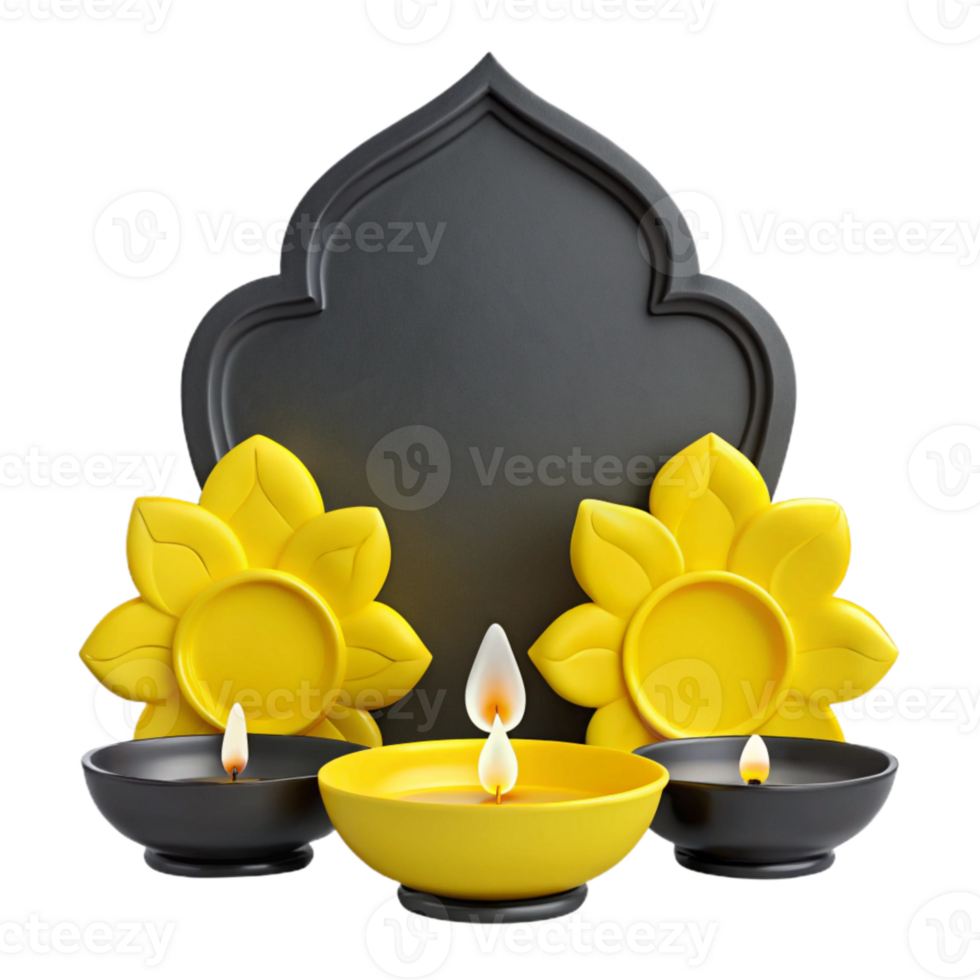 Three Lit Candles with Yellow Flower Decorations and a Black Arch Background png