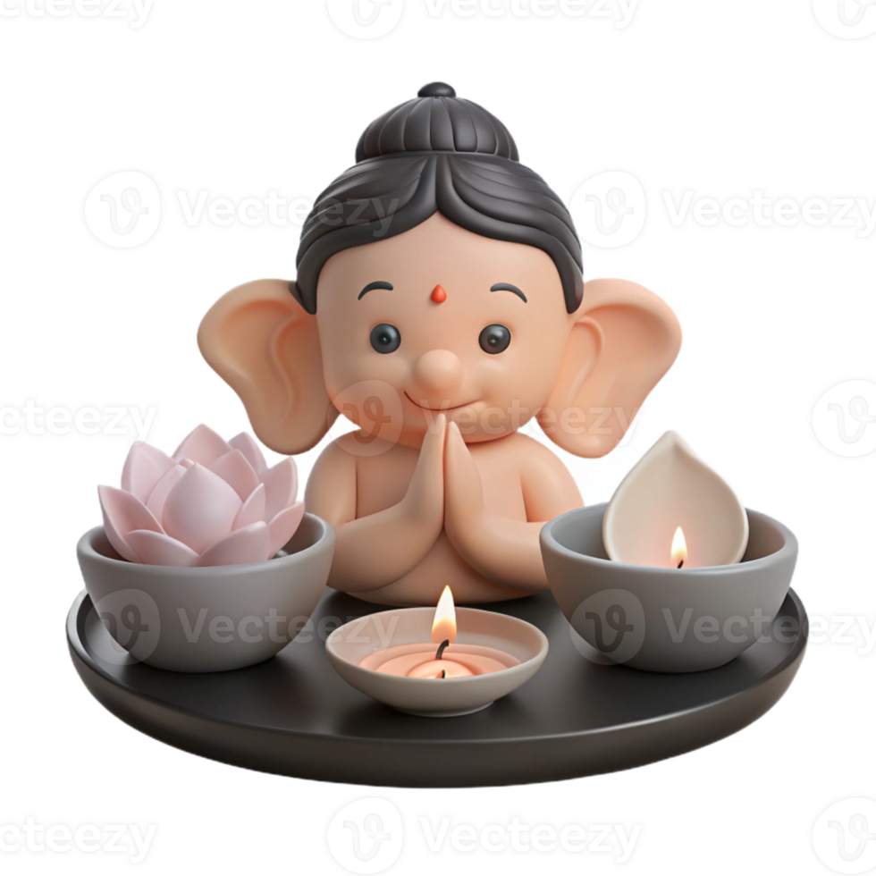 Cute Buddha Statue with Lotus and Candles on a Tray png