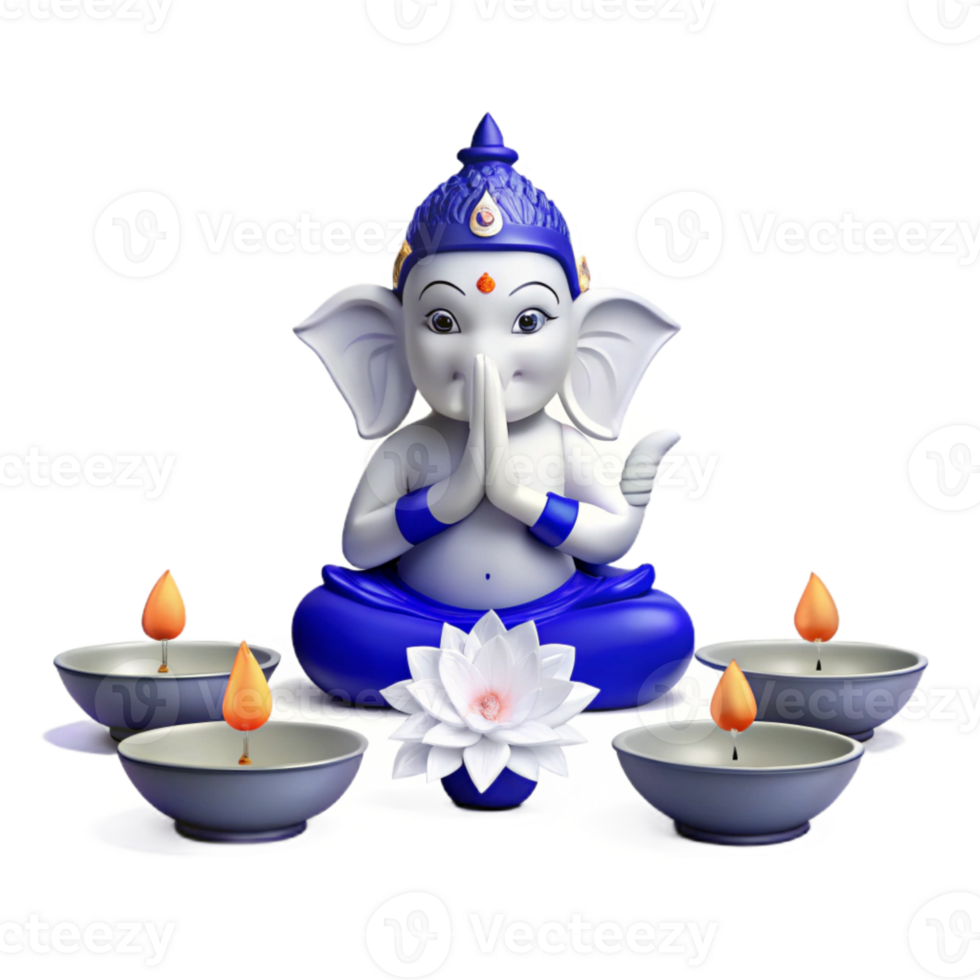 Hindu God Ganesha Sitting in Meditation with Lotus and Diya Lamps png