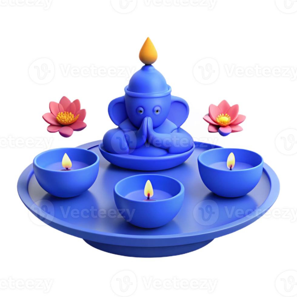 3D Render of Blue Elephant Figurine with Candles and Flowers png