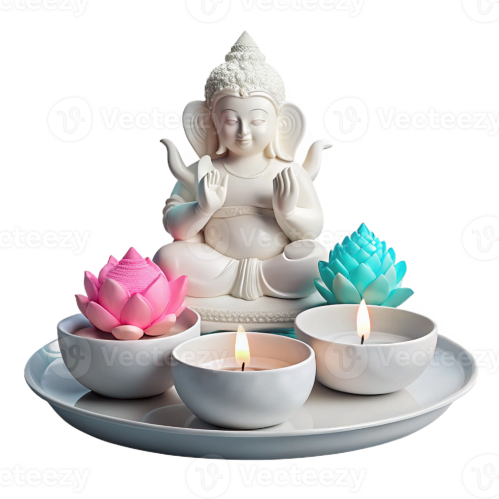 Decorative Buddha Statue with Lotus Candle Holders and Candles png