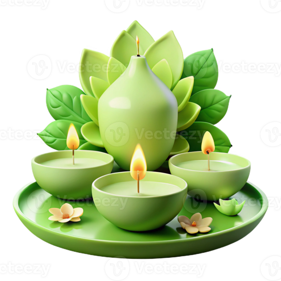 Three Green Candles on a Tray with Green Leaves png