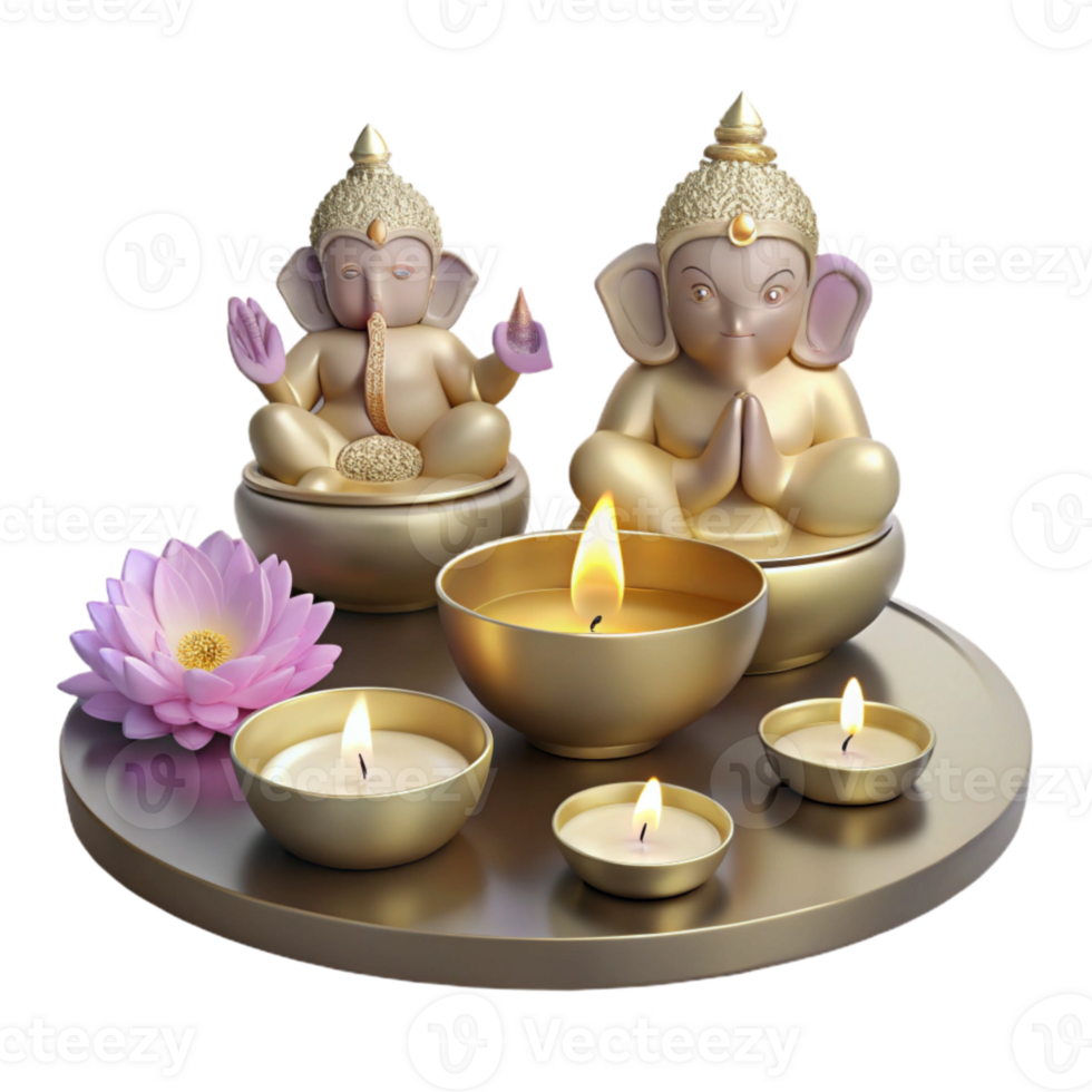 Golden Statues and Candles on a Circular Tray png