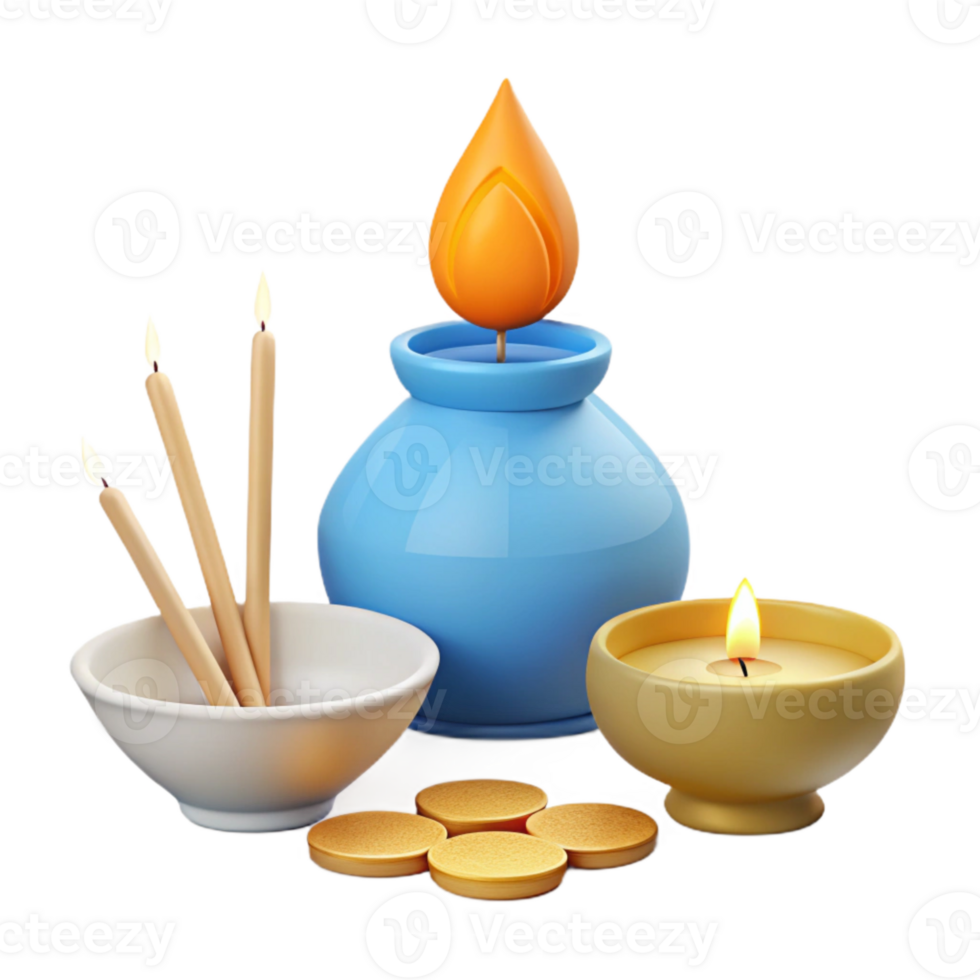 Candles, Incense Sticks, and Golden Discs A Symbolic Arrangement png