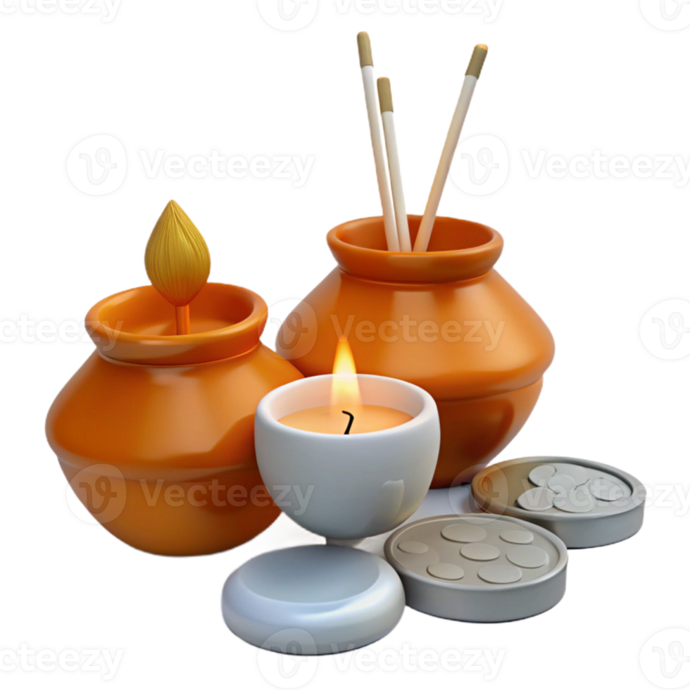 Ceramic Pots with Lit Candle and Incense Sticks png