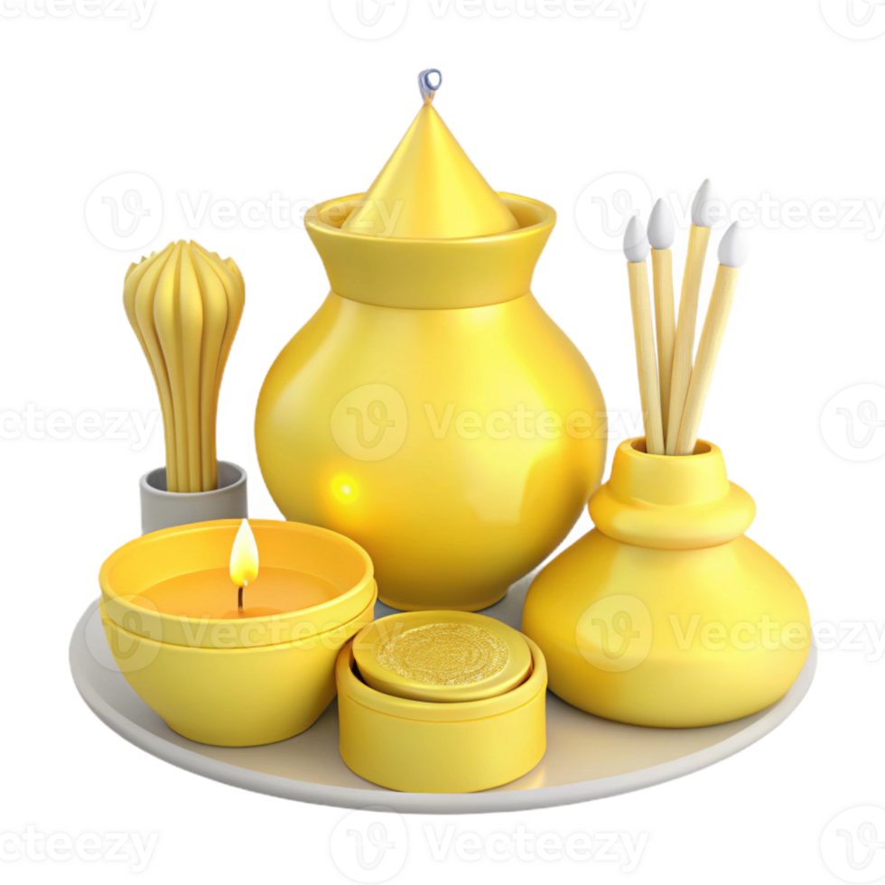 Golden Ritualistic Items Candle, Incense Sticks, and Containers png