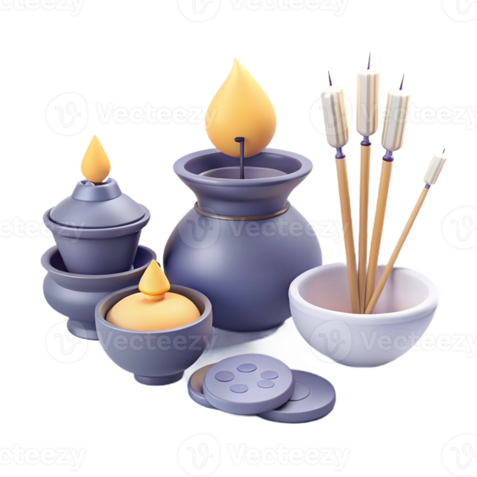 3D Rendered Illustration of a Religious Offering Set with Candles, Incense, and Coins png