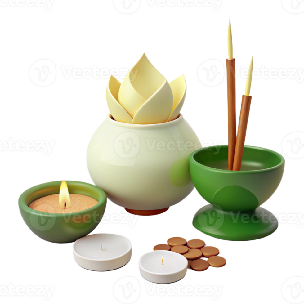 Candles, Incense Sticks, and a Lotus-Shaped Pot png