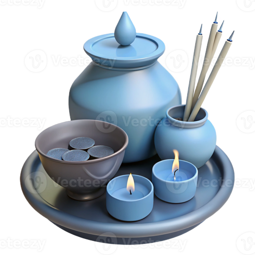 Blue Ceramic Tray with Candles, Incense, and a Jar png