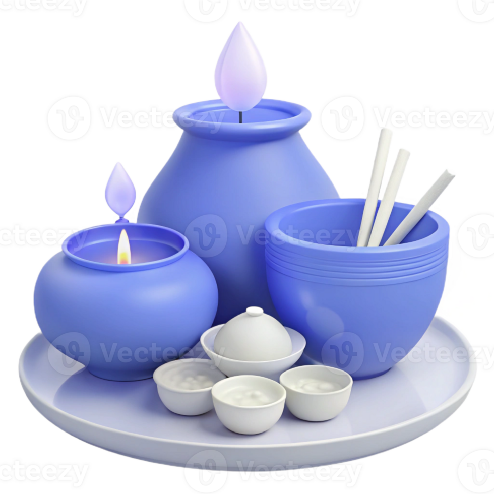 Blue Ceramic Candles, Bowls, and Sticks on a Tray png