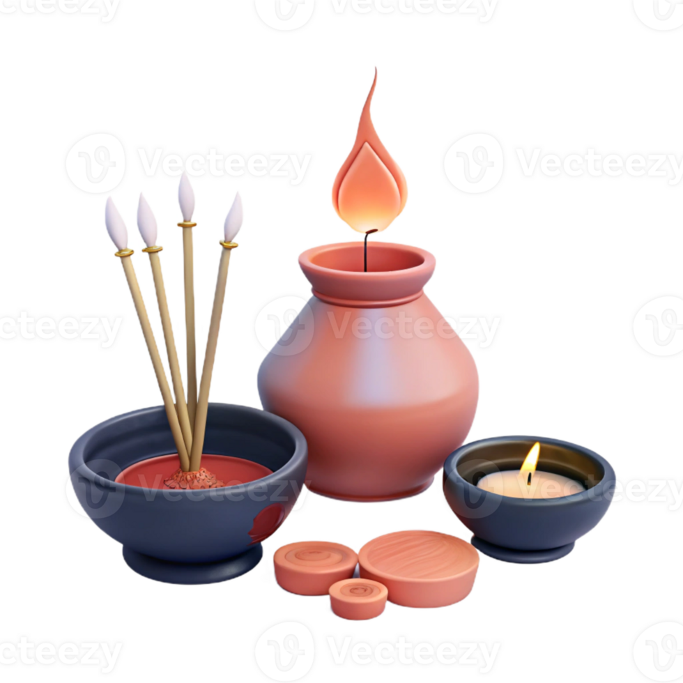 3D Render of Candle, Incense Sticks, and Wooden Discs png