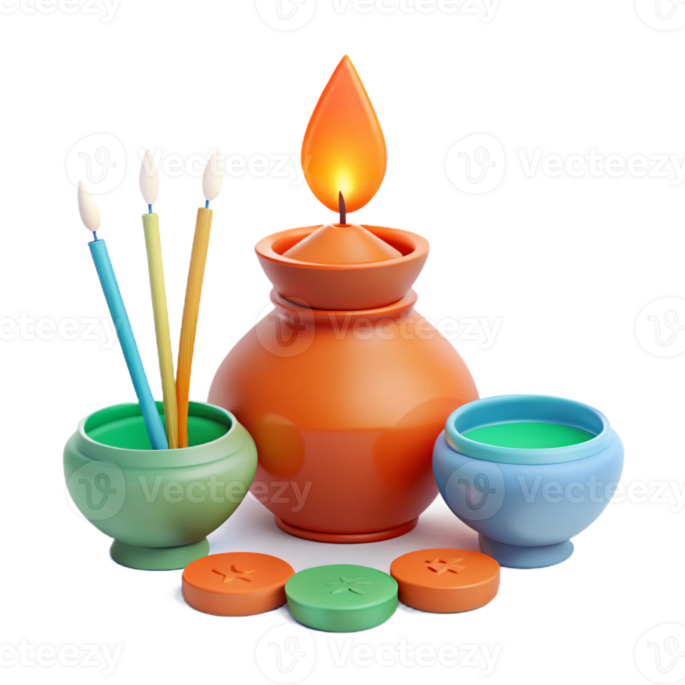 3D Rendered Still Life with Candle, Pots, and Incense Sticks png