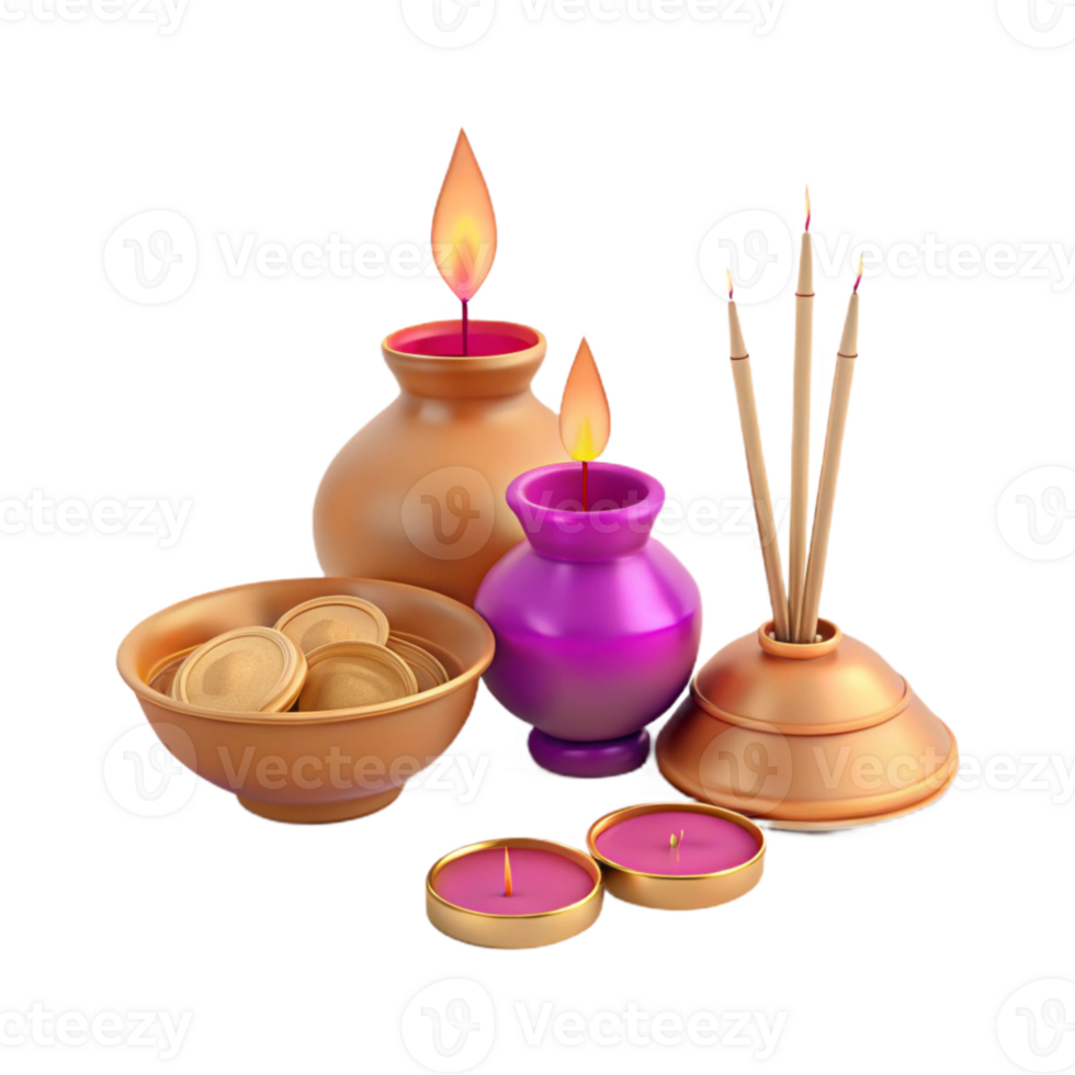 Golden Bowl with Coins, Burning Candles, and Incense Sticks png