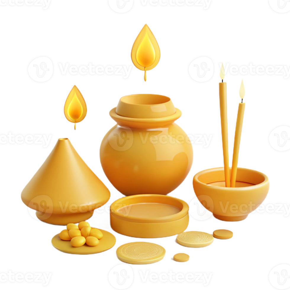 Golden Candles and Incense in Ceramic Containers png