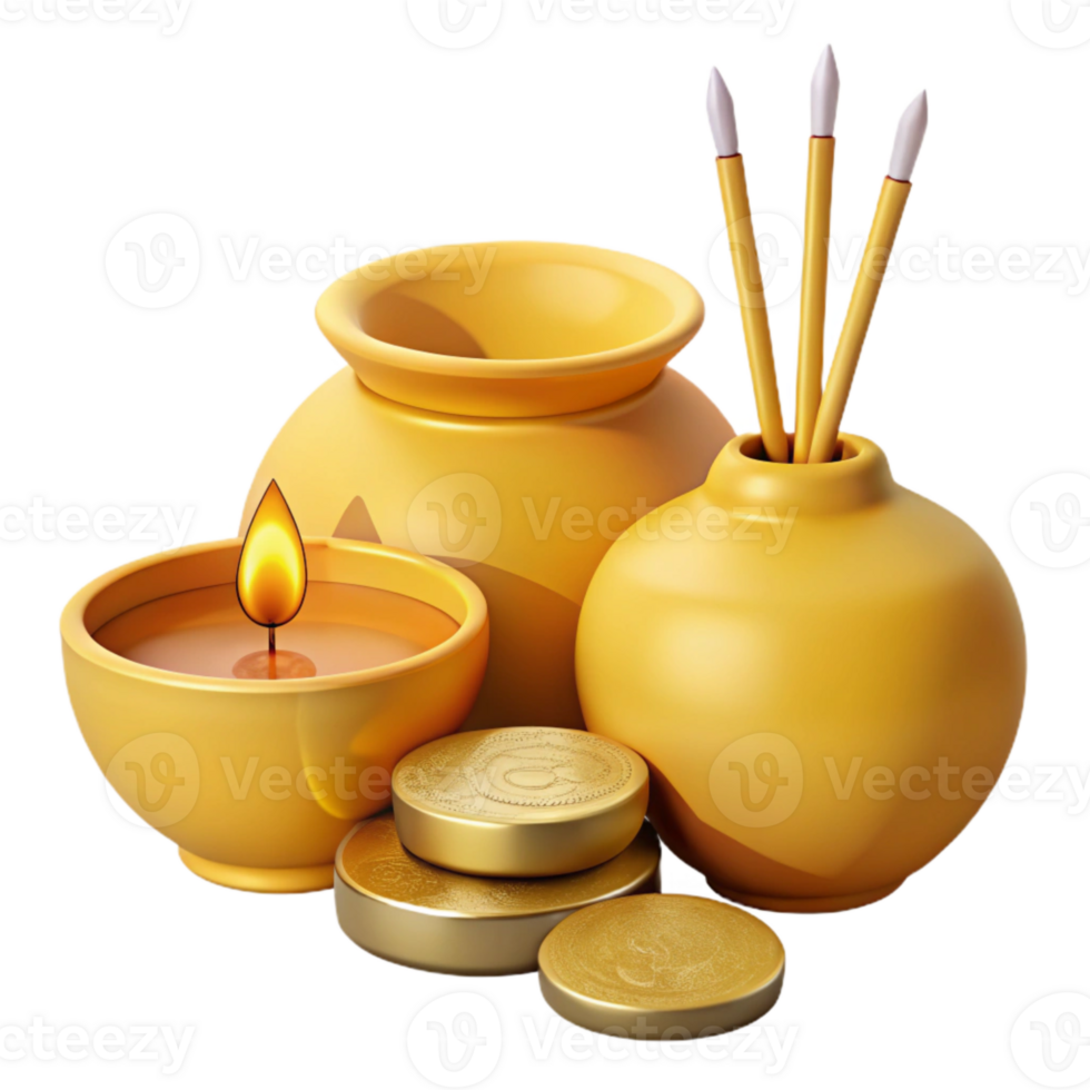 Golden Candle, Incense Sticks, and Decorative Pots png