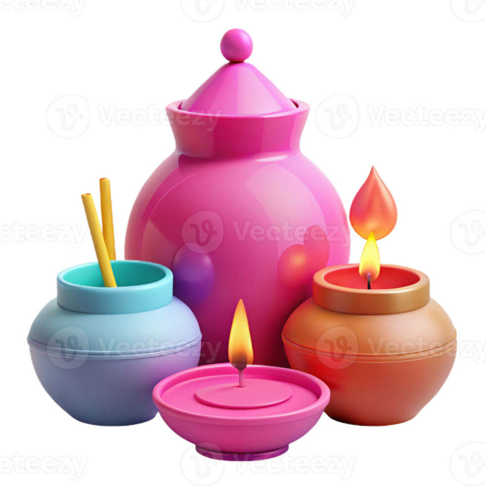 Colorful Ceramic Pots with Candles and Incense Sticks png