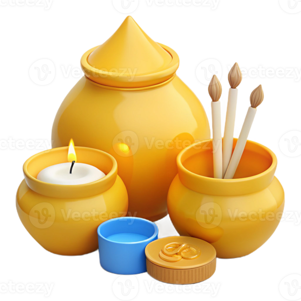 Yellow Ceramic Jars with Candle and Sticks png