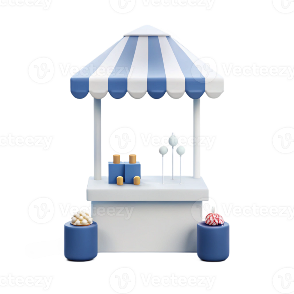 3D Render of a Small Market Stall with Blue and White Striped Awning png