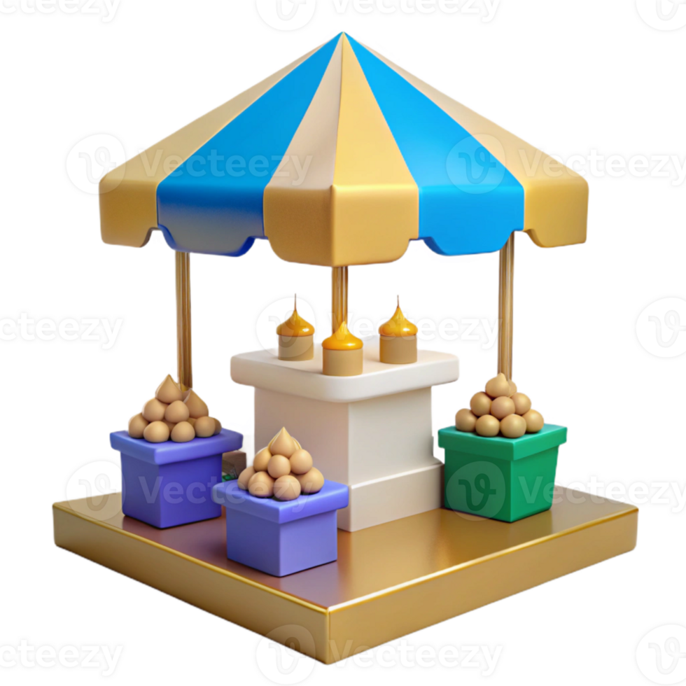 3D Rendered Market Stall with Striped Canopy, Produce Baskets, and Condiment Bottles png