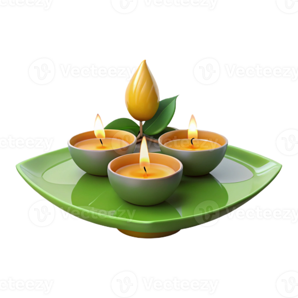 Three Burning Candles on Green Plate with Yellow Bud png