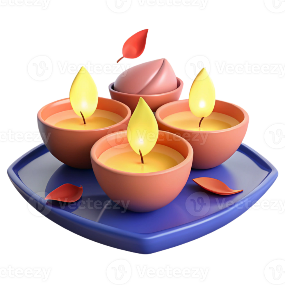 Three Lit Candles on a Blue Tray with Red Leaves png