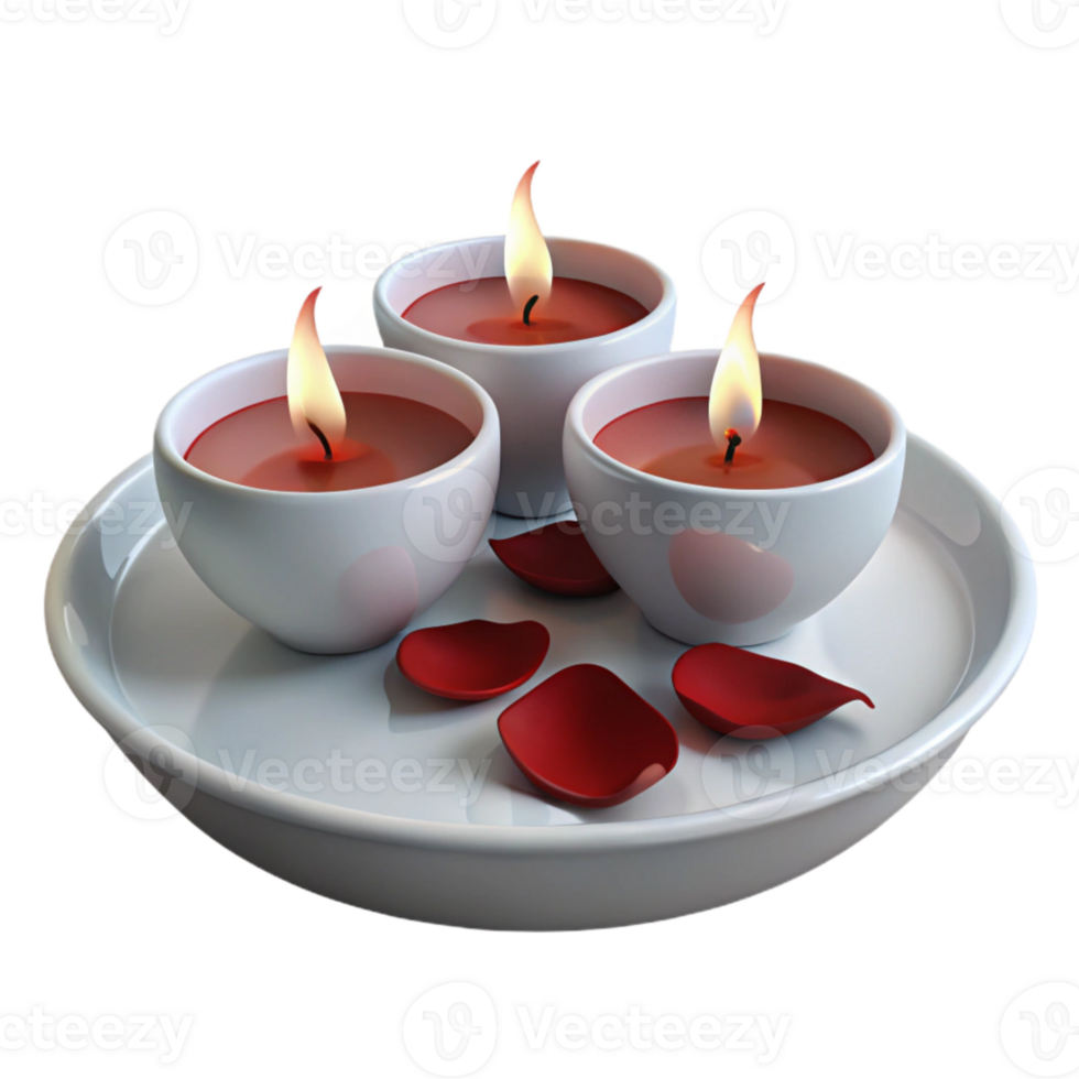 Three Burning Candles with Red Rose Petals on a White Plate png