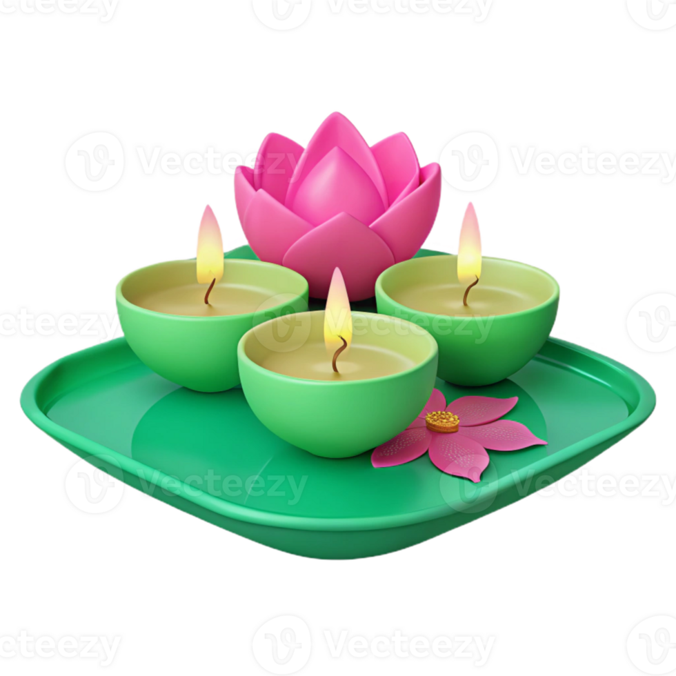 Three Candles and a Lotus Flower on a Green Tray png