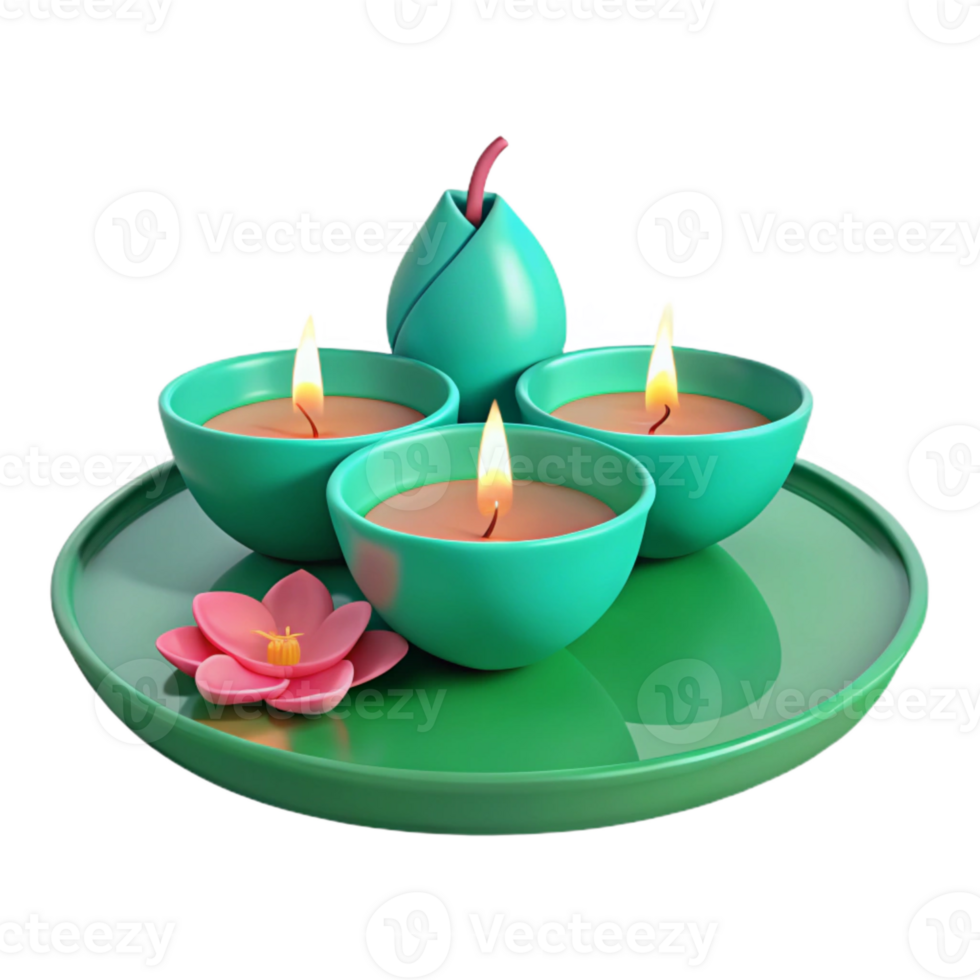 Three Teal Candles on Green Plate with Pink Flower png