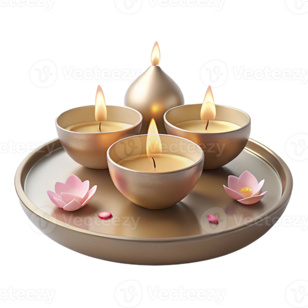 Four Golden Candles on a Tray with Pink Flowers png
