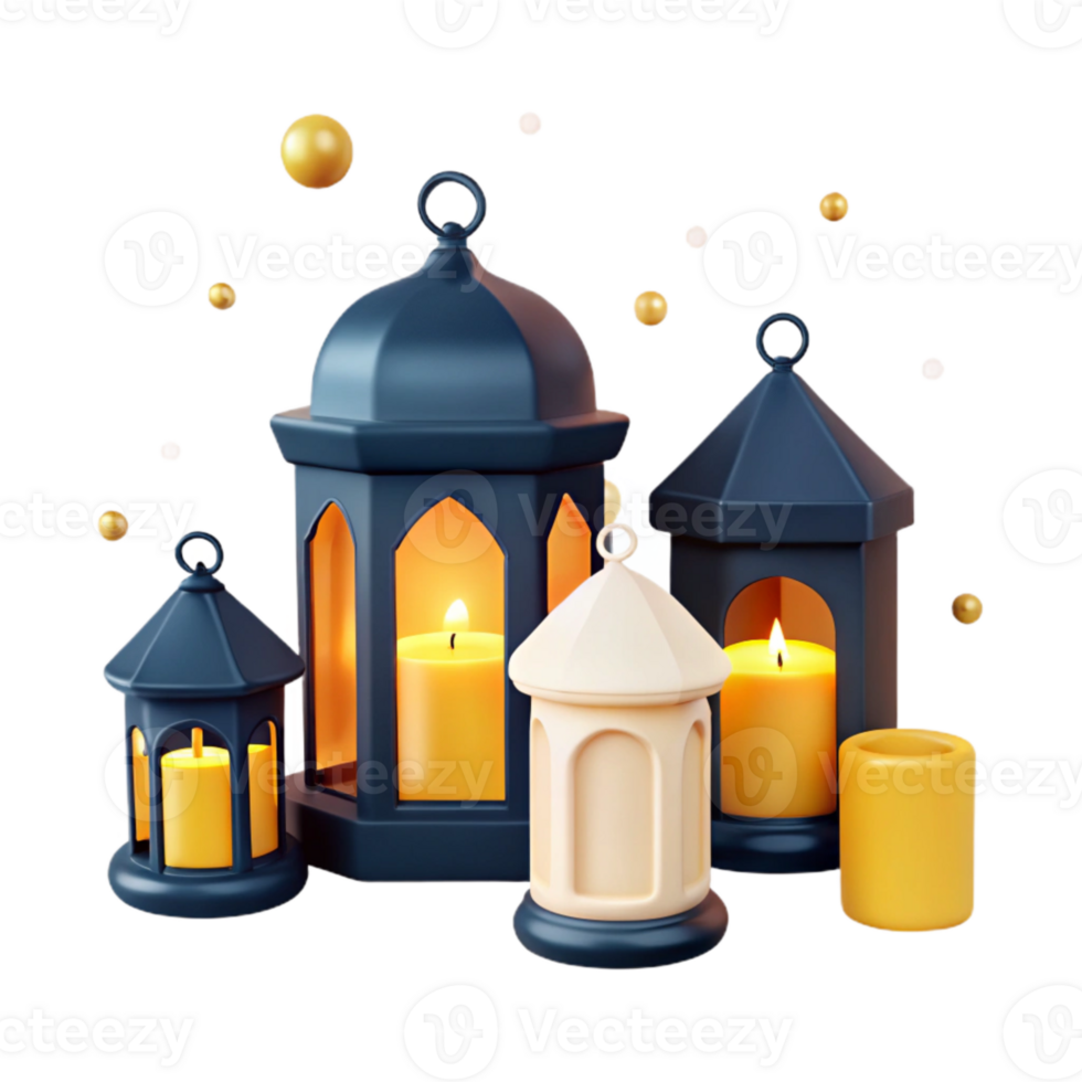 3D Rendered Lanterns with Candles and Floating Globes png