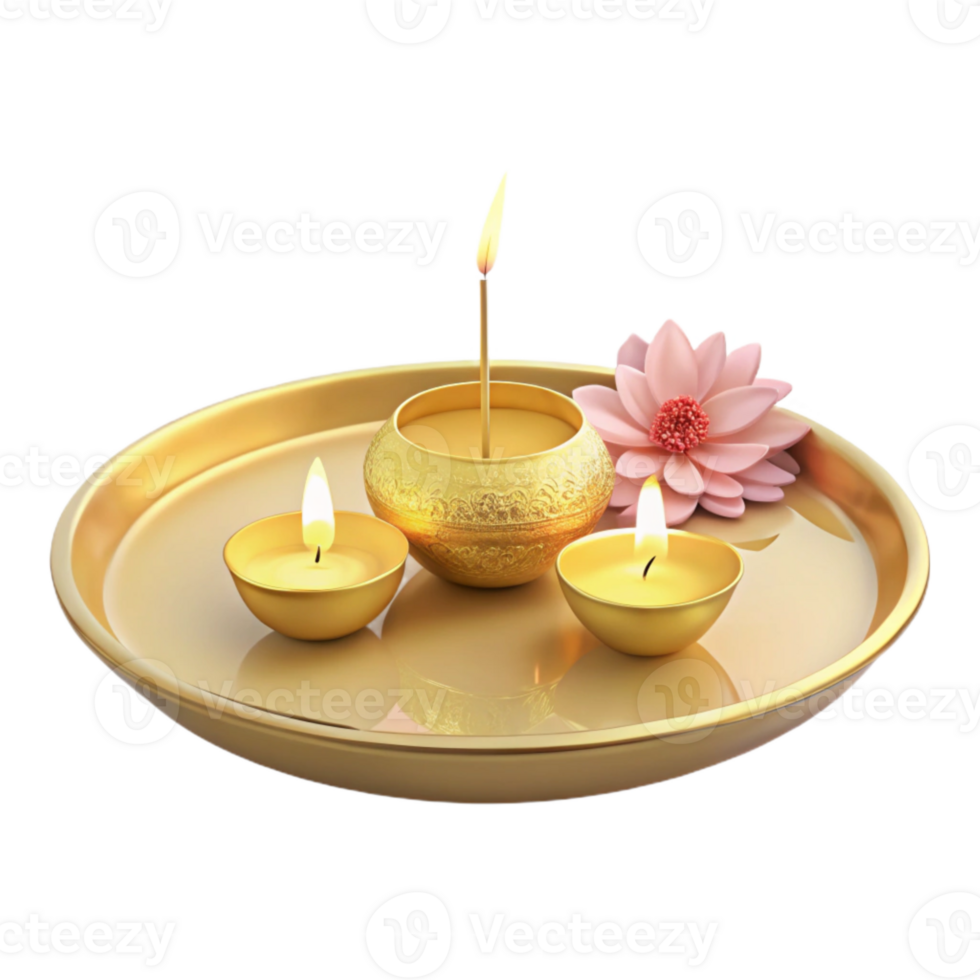 Golden Tray with Candles and Flower png