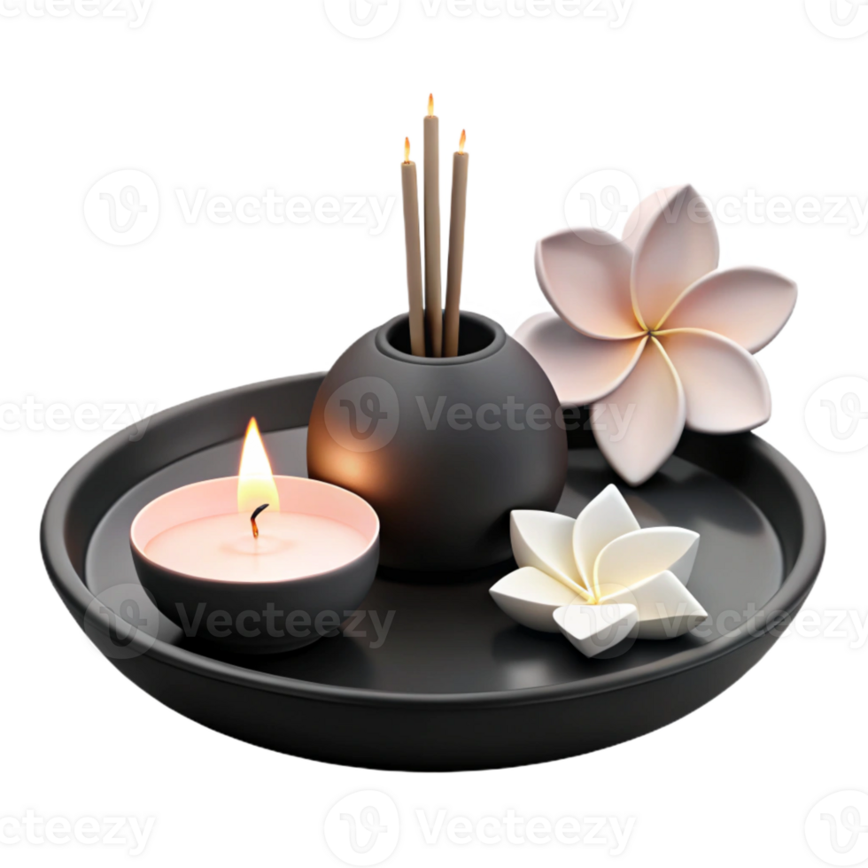 Aromatherapy Set with Candle, Incense, and Flowers png