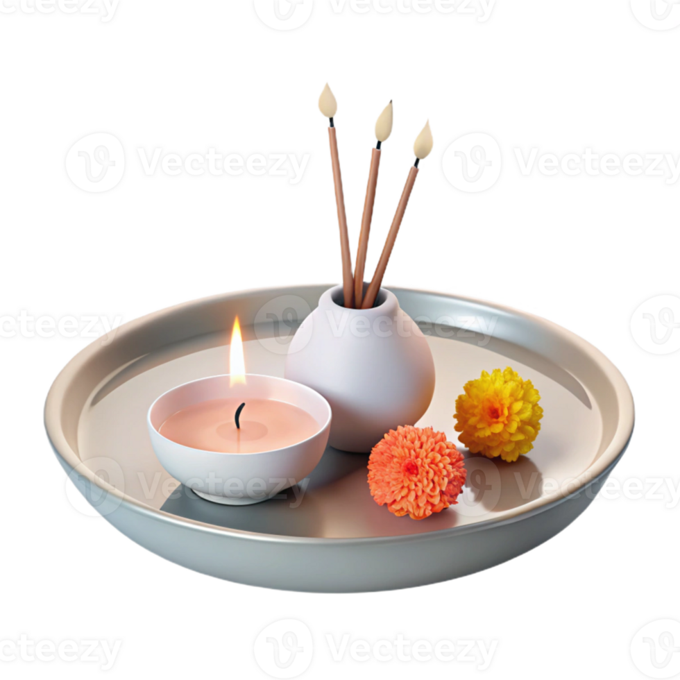 perfumado vela, incenso Gravetos, e flores em uma prata bandeja png