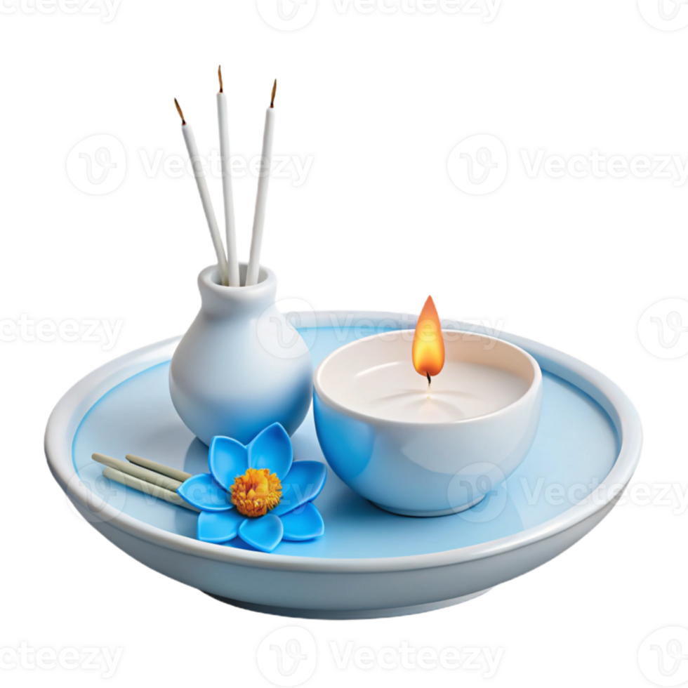 Blue Ceramic Tray with Burning Candle, Incense Sticks, and Flower Decoration png