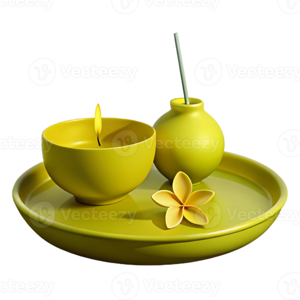 Yellow Candle, Vase, and Flower on a Tray png