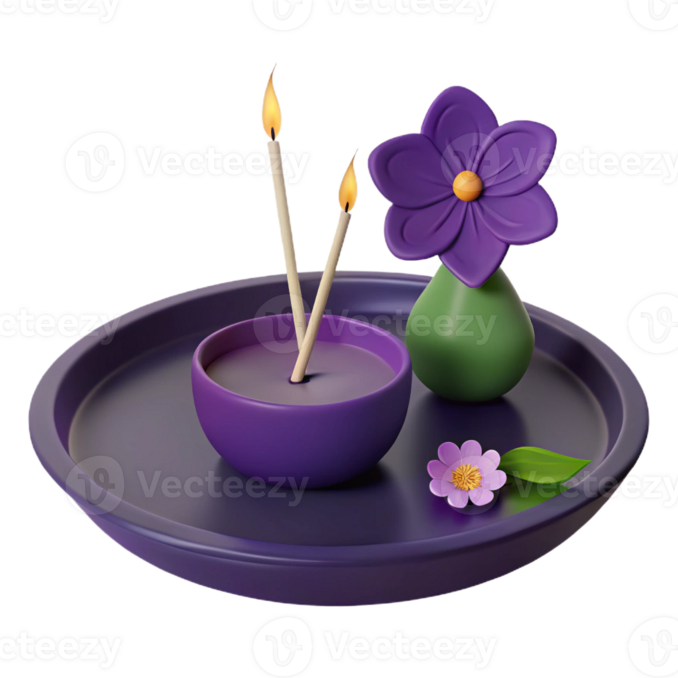 Purple Tray with Candles, Flower, and Leaf png