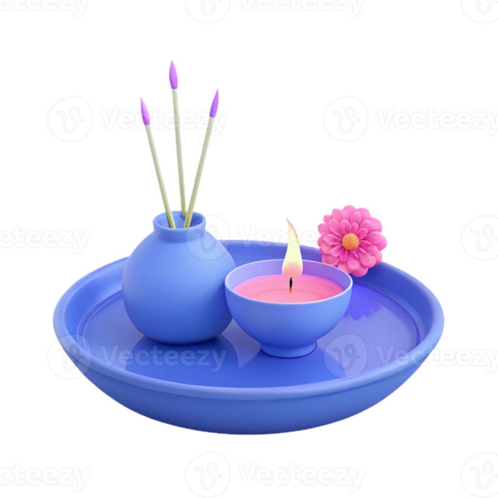 3D Render of a Tray with Incense, Candle, and Flower png