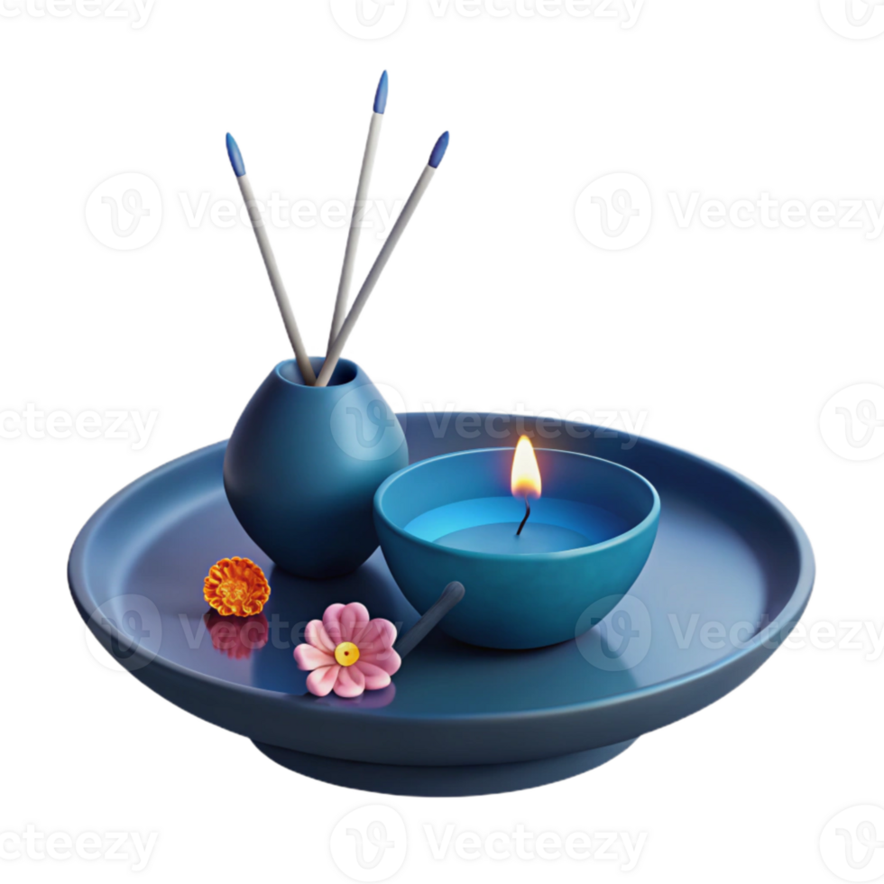 Blau Keramik Tablett mit Kerze, Weihrauch Stöcke, und Blumen png