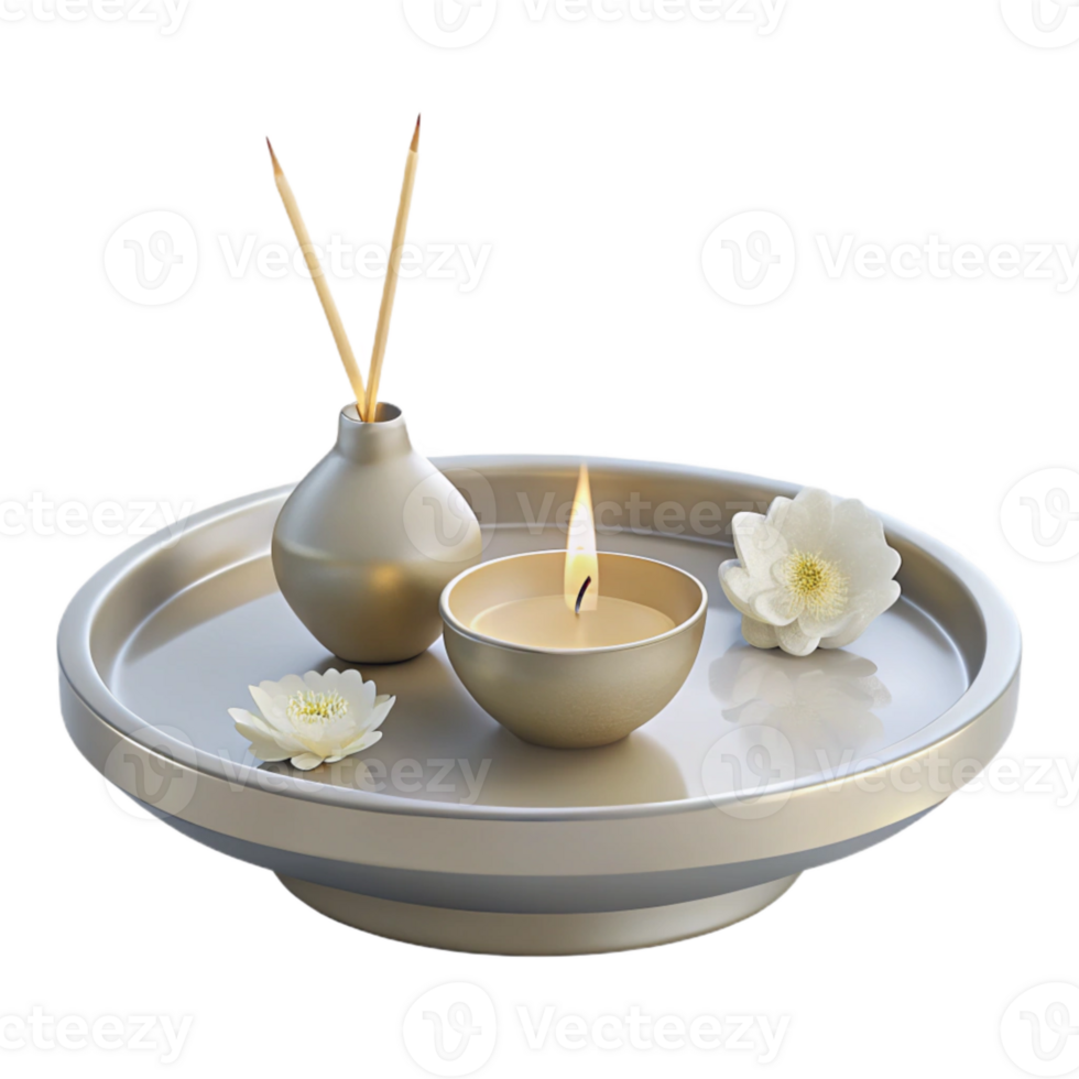 Scented Candle, Flowers, and Incense Sticks on a Tray png