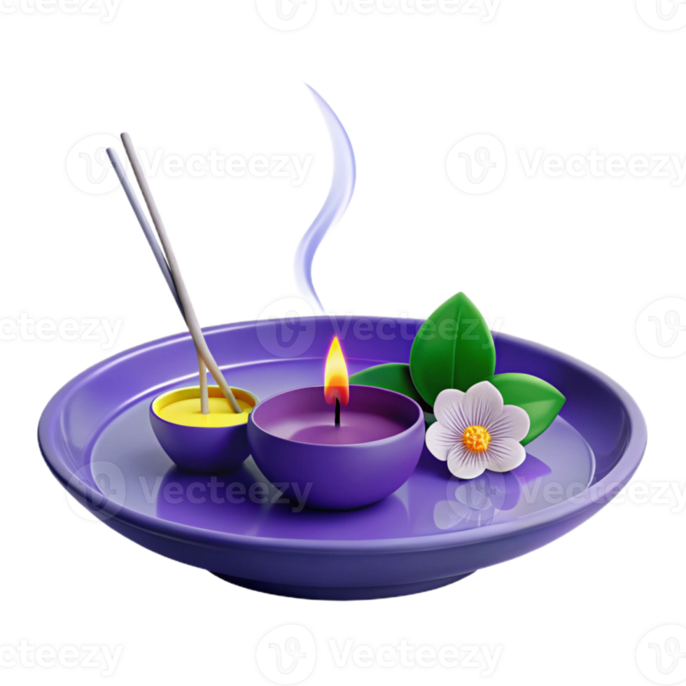 Purple Plate with Burning Candle, Incense Sticks, and Flower png
