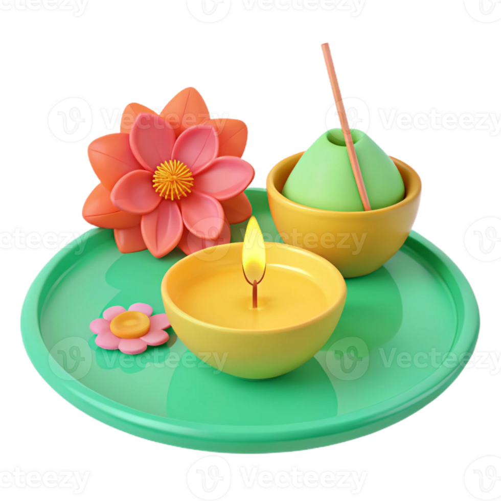 3D Rendered Tray with Candle, Flower, and Incense Stick png