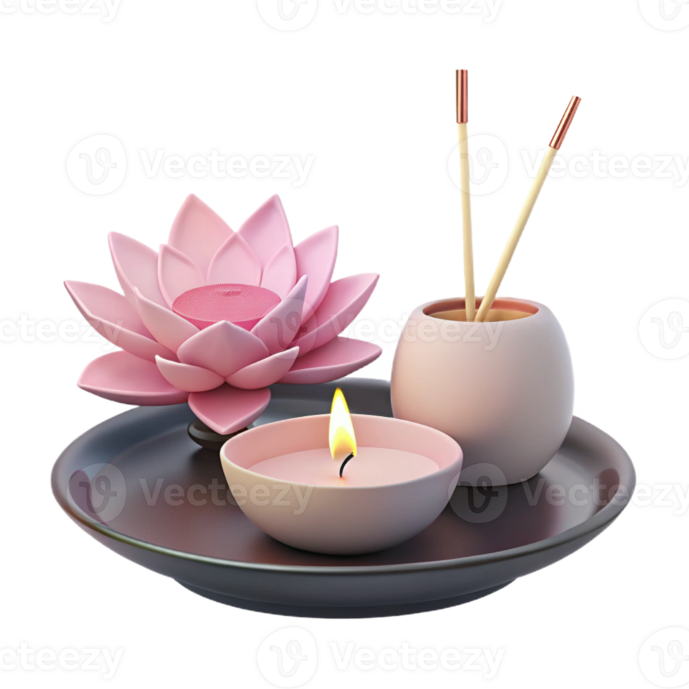 Pink Lotus, Candle, and Incense Sticks on a Tray png