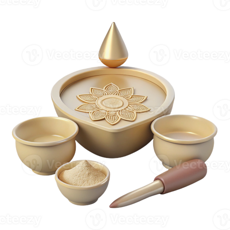 Ornate Golden Diya with Bowls and Mortar png