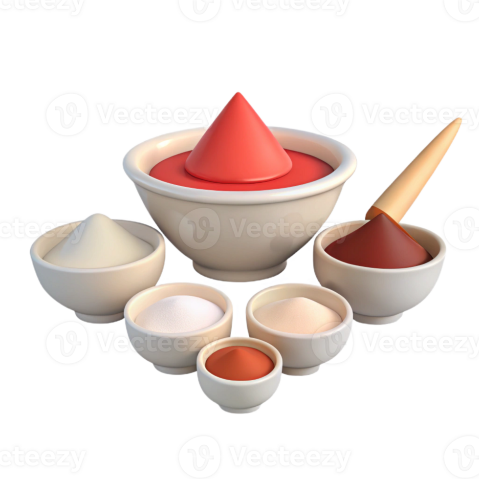 Ceramic Bowls with Powdered Ingredients and a Red Conical Shape png