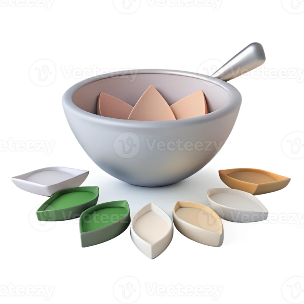 3D Render of a Bowl and Small Dishes in a Circular Pattern png