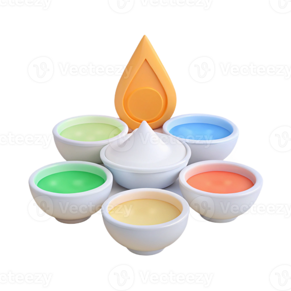 3D Rendered Colorful Bowls with a Yellow Flame Icon png