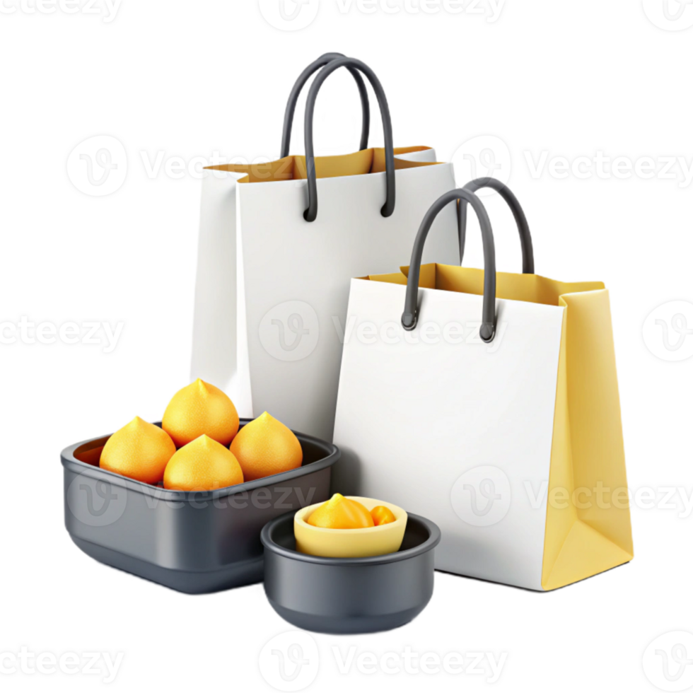 Shopping Bags and Containers with Yellow Fruits png