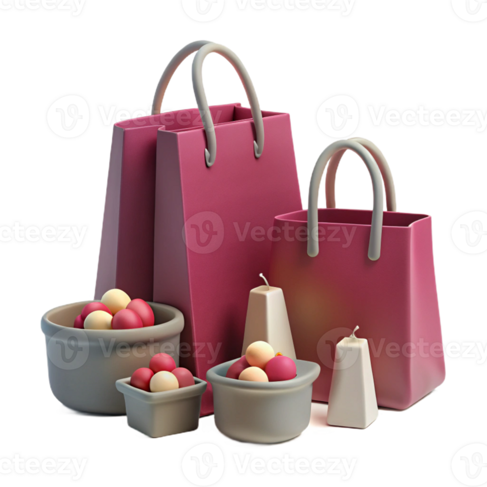 3D Rendered Shopping Bags and Bowls with Colorful Eggs png