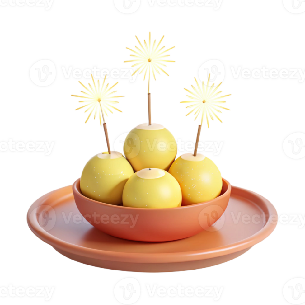 Yellow Balls with Sparkly Toppers in a Brown Bowl png