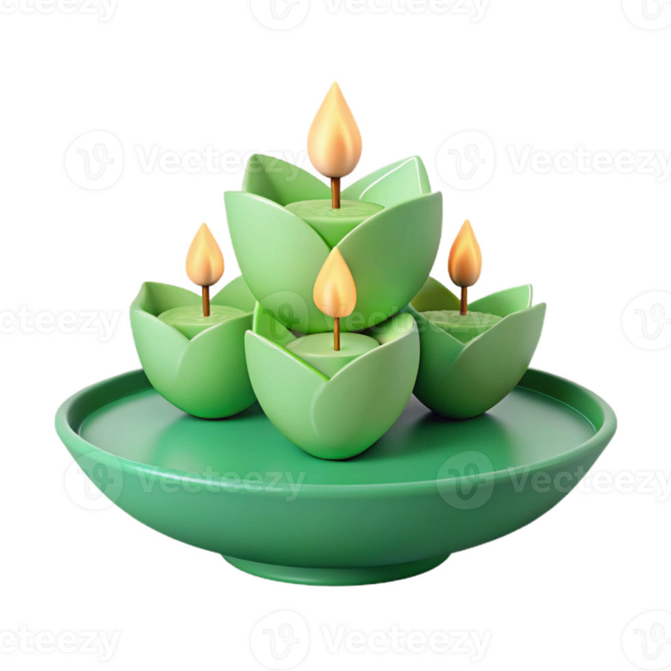Green Leaf Candles with Flames on a Tray png